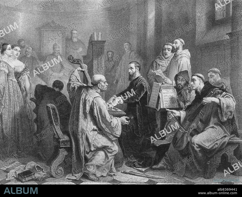 EDOUARD JEAN CONRAD HAMMAN. Adrian Willaert (1490-1562) plays a mass before the Doge of Venice.