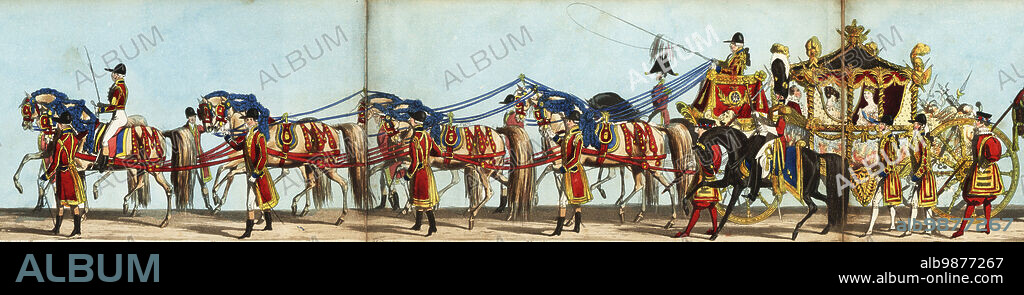 The Queens State Coach with Queen Victoria, Mistress of the Robes, Harriet Duchess of Sutherland, and Master of the Horses, William Charles Keppel, Lord Albemarle. It was drawn by eight horses: Tempus, Purper, Fat, Faddy, Melrose, General, Mango, and Brilliant. Handcoloured aquatint engraving from Fores' Correct Representation of the State Procession on the Occasion of the August Ceremony of Her Majesty's Coronation, June 28th 1838, published by Fores, Sporting and Fine Print Repository, Piccadilly, London, 1838.