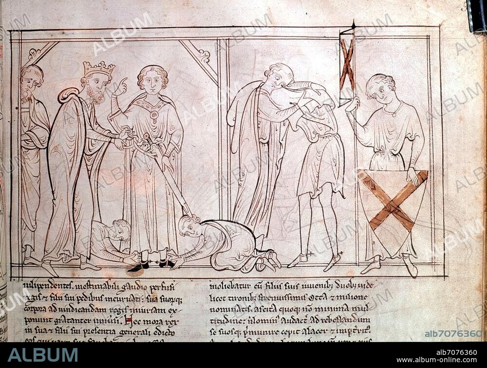 Histoire / Chevaliers / Adoubement. Un page fait chevalier par un roi (pendant l'adoubement, le roi ceint une épée à la taille du page pendant qu'on lui installe les éperons). Enluminure, 14ème siècle. De: Lives of the Offas. London, British Library.