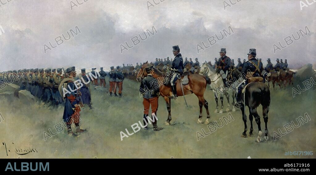 JOSE CUSACHS Y CUSACHS (1851-1908). MANIOBRAS CONJUNTAS DE INFANTERIA Y CABALLERIA - PRINCIPIOS DEL SIGLO XX - 50X110.