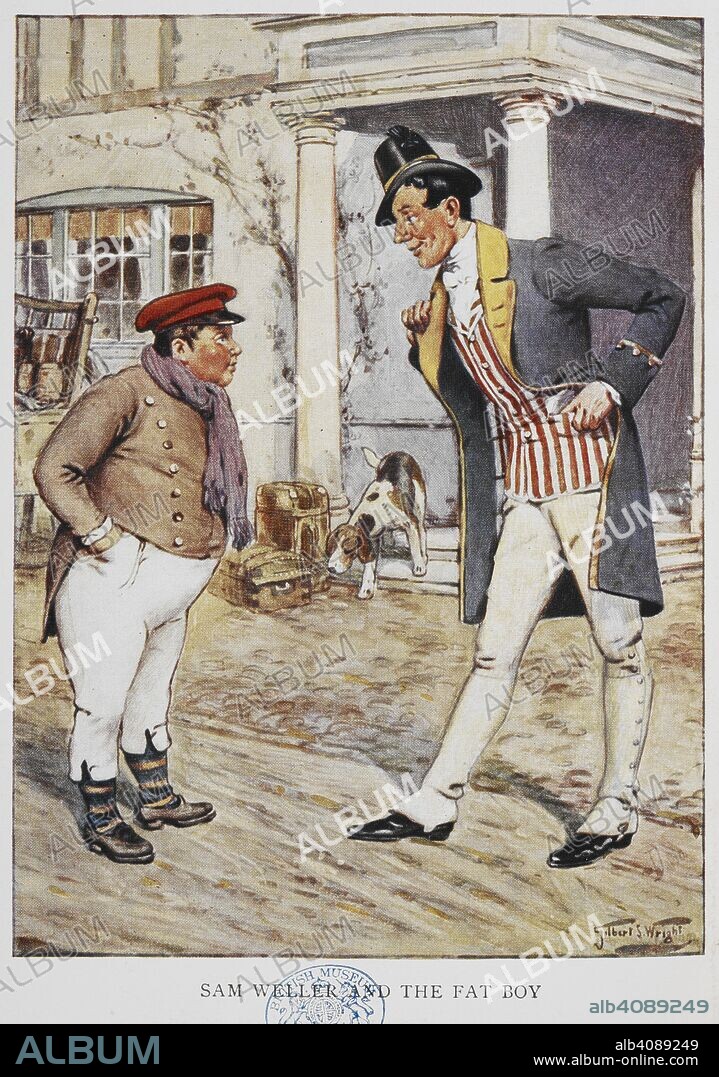 CHARLES DICKENS. Sam Weller and the fat boy. Illustration for 'The Pickwick papers'. The Children's Dickens Stories selected from various tales [With illustrations]. London : Henry Frowde and Hodder & Stoughton, [1909]. Source: 12613.dd.22 frontispiece.
