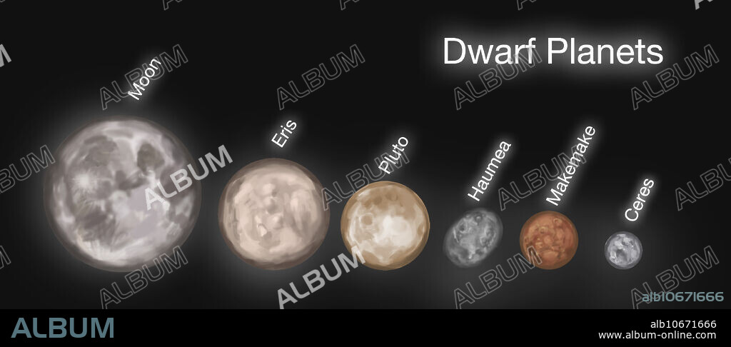 Dwarf planets. Six dwarf planets in a row showing their comparative sizes. From left to right: Moon, Eris, Pluto, Haumea, Makemake, Ceres. A dwarf planet is an object that fails to dominate its orbit around the Sun (unlike a true planet), but which still has an independent orbit (unlike moons), and is large enough to be spherical due to gravity.