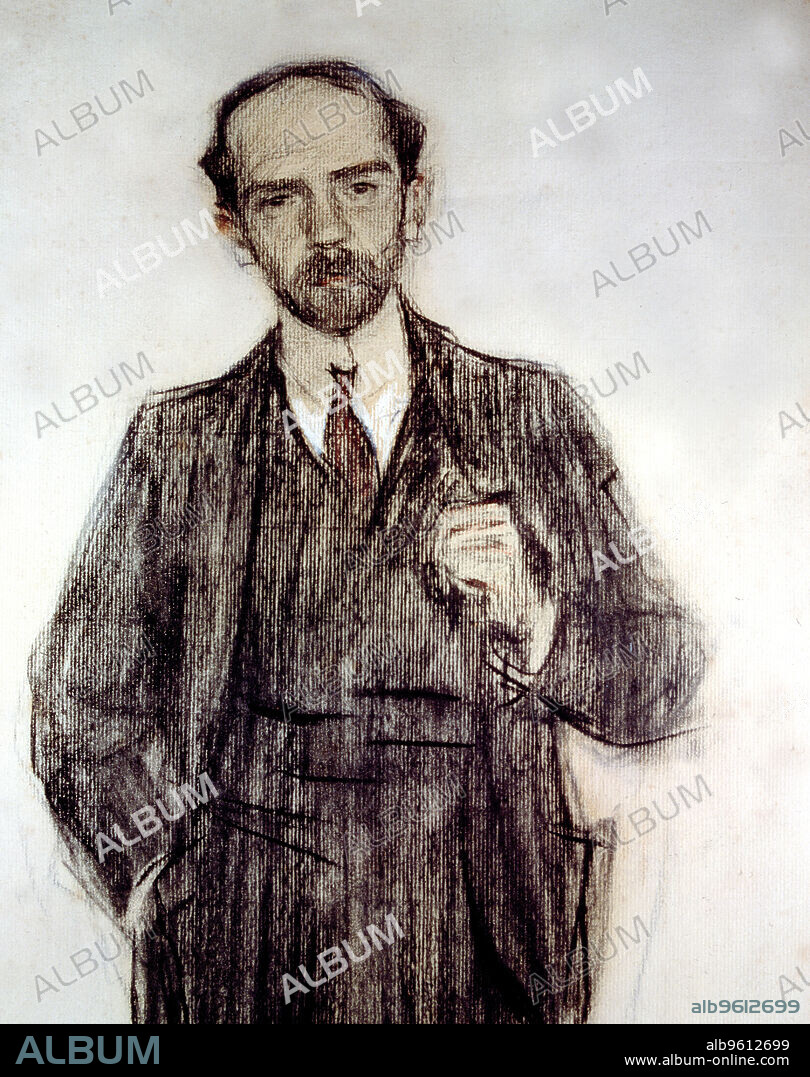 Portrait of Pio Baroja (1872 - 1956), Spanish novelist, charcoal drawing by Ramon Casas.