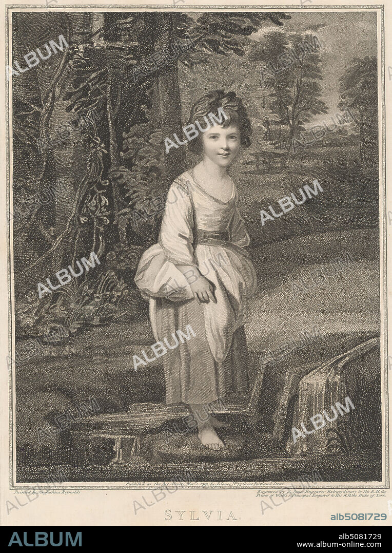 Lady Gertrude Fitzpatrick as Sylvia, Print made by John Jones, ca. 17451797, British, after Sir Joshua Reynolds RA, 17231792, British, 1791, Stipple engraving, aquatint and etching on moderately thick, moderately textured, cream, laid paper, Sheet: 14 15/16 × 10 13/16 inches (37.9 × 27.5 cm), Plate: 14 1/8 × 10 inches (35.9 × 25.4 cm), and Image: 11 13/16 × 9 3/16 inches (30 × 23.3 cm).