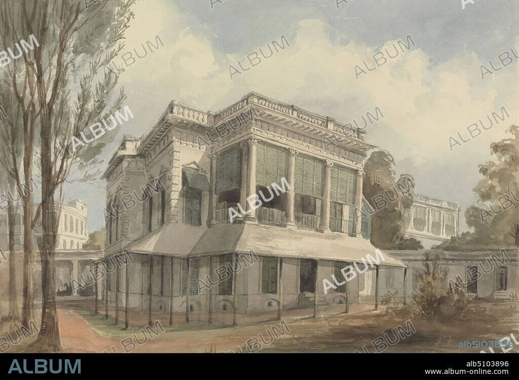 Elysium Row, Calcutta, Charles Dyce, active 1848, British, ca. 1849, Watercolor and graphite on medium, slightly textured, cream wove paper, Sheet: 9 1/2 × 13 5/8 inches (24.1 × 34.6 cm), architectural subject, buildings, trees, Asia, Calcutta, India.
