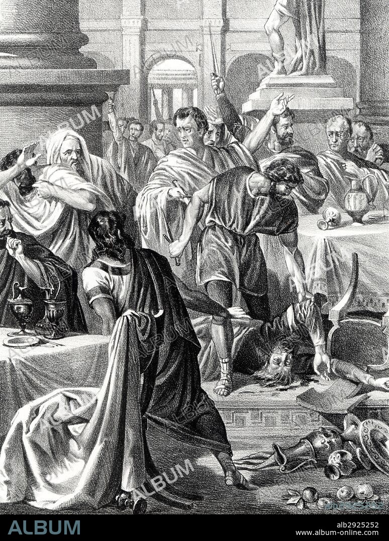 Historia. Muerte de Quinto Sertorio (122 a. C.-73 a. C.) asesinado por instigación de Marco Perpenna Veiento (122 a. C.-72 a. C.) durante un festín.  Grabado de 1871.