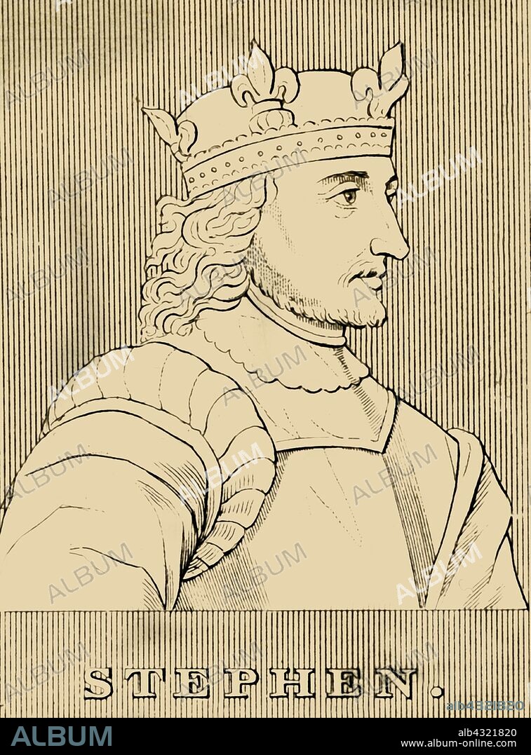 'Stephen', (c1096-1154), 1830. Stephen (c1096-1154), known as Stephen of Blois, King of England from 22 December 1135 to his death, Count of Boulogne 1125-1147 and Duke of Normandy from 1135-1144, his reign was marked by the Anarchy, From "Biographical Illustrations", by Alfred Howard. [Thomas Tegg, R. Griffin and Co., J. Cumming, London, Glasgow and Dublin, 1830].