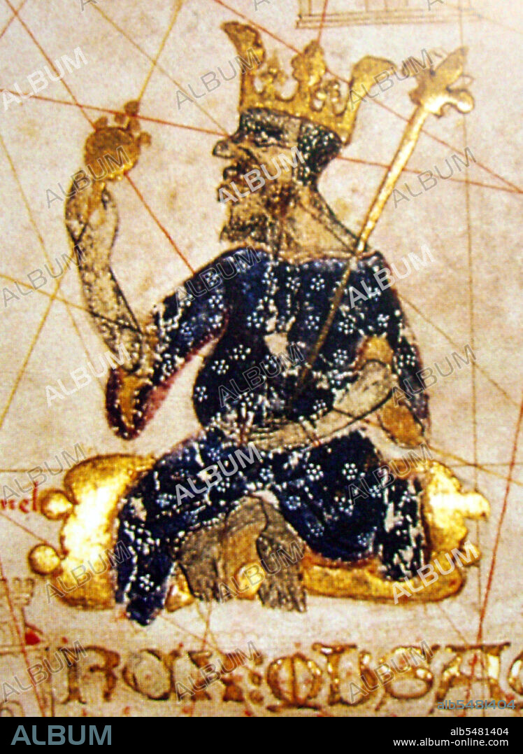 Mansa Musa, King of Mali, holding a sceptre and a piece of gold. Detail  from the Catalan Atlas,1375. - Album alb5481404