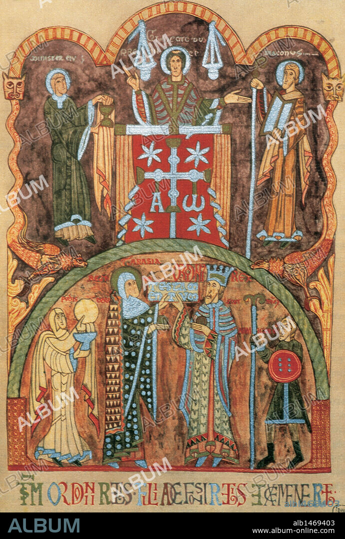 ORDOÑO II (m. León 924). Rey de León (914-924) y Asturias. ERMEGIDIUS, Arzobispo. "EL ARZOBISPO ERMEGIDIUS ENTRE UN MINISTRO Y UN DIACONO, BENDICIENDO EL ALTAR DE LA CRUZ DE OVIEDO" (parte superior). "ORDOÑO II Y LA REINA TARASIA ACOMPAÑADOS DE UN ARMIGERO Y UNA SIRVIENTA". Miniatura del LIBRO DE LOS TESTAMENTOS. Códice de los años 1126-1129.