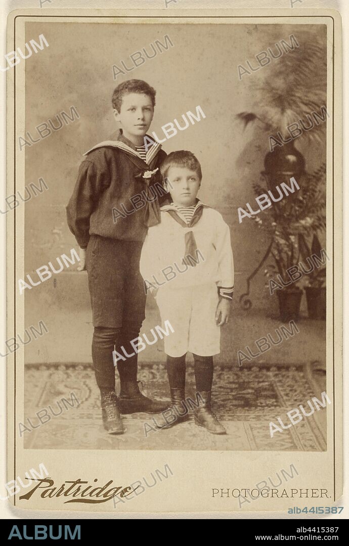 Two young boys standing, both wearing sailor-type outfits, Partridge (American, active Bridgeport, Connecticut 1870s - 1890s), 1890, Albumen silver print.