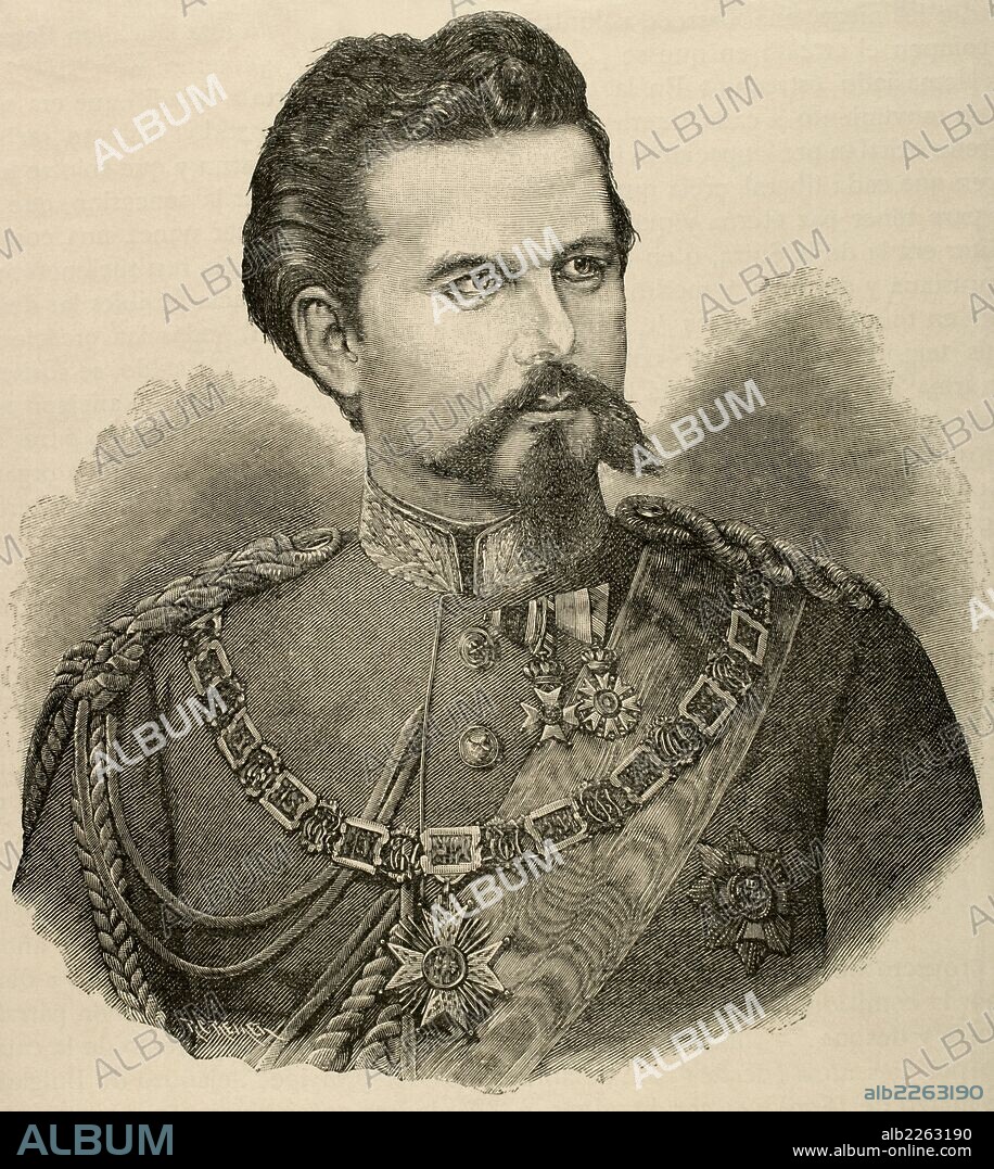 Ludwig II of Bavaria (1845-1886). King of Bavaria from 1864 until his death. Engraving by Rico. Historia Univesal, 1885.