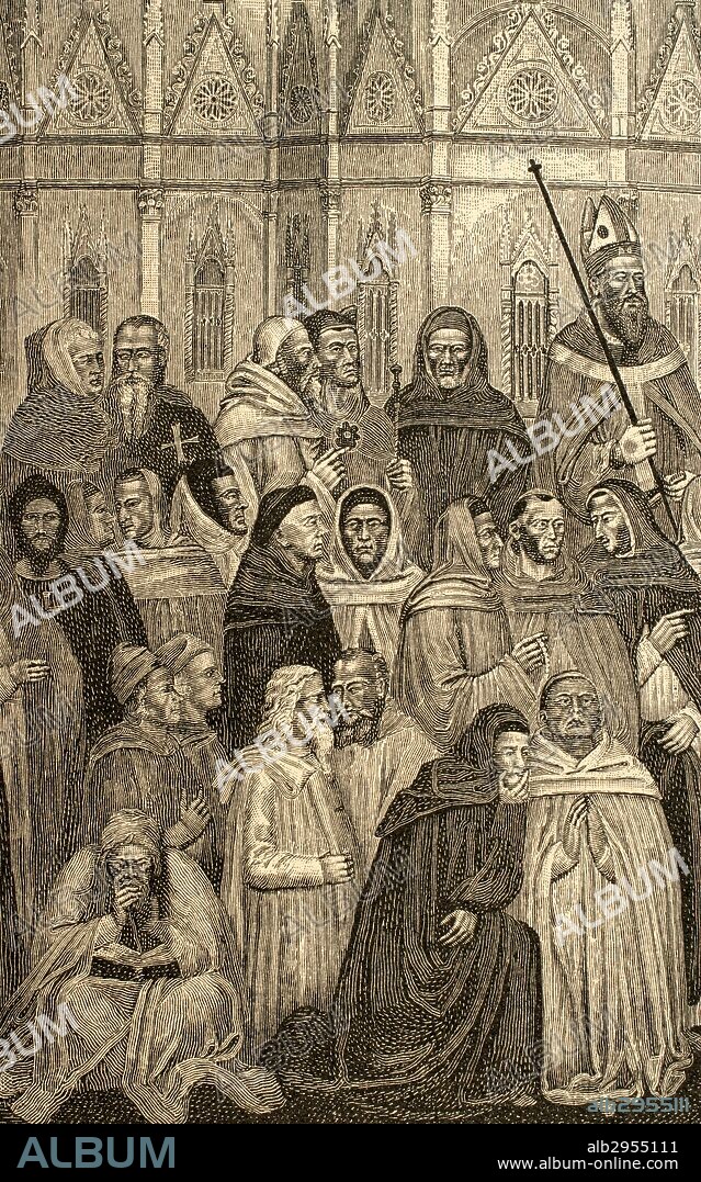 Mural de la Iglesia Militante e Triunfante, realizado por Andrea Buoniauto, siglo XIV. Sala Capitular o Capilla de los Españoles. Iconografía de la doctrina católica. Santa Maria Novella, Florencia. Detalle. Petrarca al lado de un caballero de Rodas, que se conoce por la cruz. Grabado.