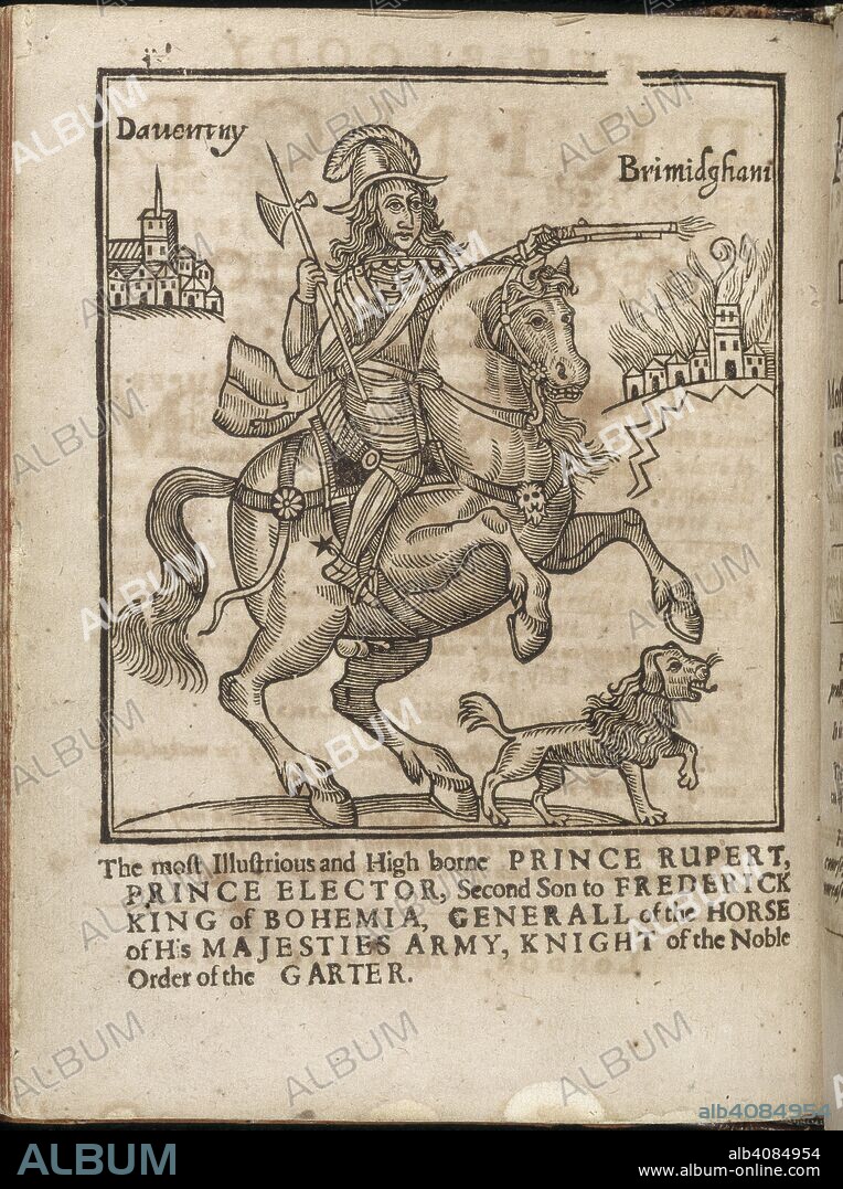 Prince Rupert. The bloody prince, or a declaration of the most crcruell practices of Prince Rupert and the rest of the cavaliers in fighting against God ... London, 1643. Prince Rupert (of the Rhine), on horseback. His dog runs alongside. Image taken from The bloody prince, or a declaration of the most cruell practices of Prince Rupert and the rest of the cavaliers in fighting against God, and the true members of his church. By I. W. [With a wood cut representing Prince Rupert.]. Source: E.99.(14), title page.