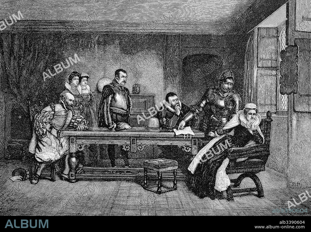 Abdication of Maria Stuart. Mary, Queen of Scots, 8 December 1542 - 8 February 1587, also known as Mary Stuart or Mary I of Scotland, was Queen of Scotland from 14 December 1542 to 24 July 1567 and Queen consort of France from 10 July 1559 to 5 December 1560, Woodcut from 1892.