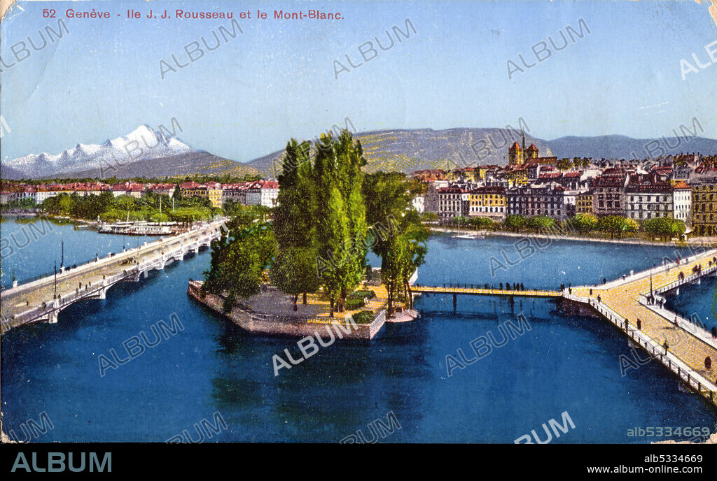 Geneva - Île Rousseau and Mont-Blanc, 1935. [Geneva - Ile J.J. Rousseau et le Mont-Blanc]. View of the Île Rousseau, an island and park situated on the Rhone. The island was named after Swiss philosopher Jean-Jacques Rousseau.