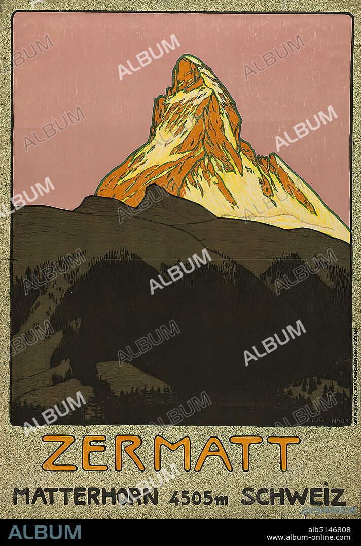 Graph. Anstalt J. E. Wolfensberger, Emil Cardinaux, Zermatt - Matterhorn 4505m Switzerland, paper, lithography, total: height: 103,7 cm; width: 72 cm, signed: in print bottom right in motif: E. CARDINAUX, tourism posters, mountains, mountain.
