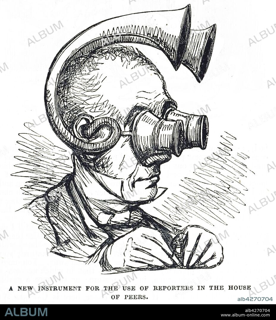 Engraving depicting an ear trumpet, a tubular or funnel-shaped devices which collect sound waves and lead them into the ear. Dated 19th century.