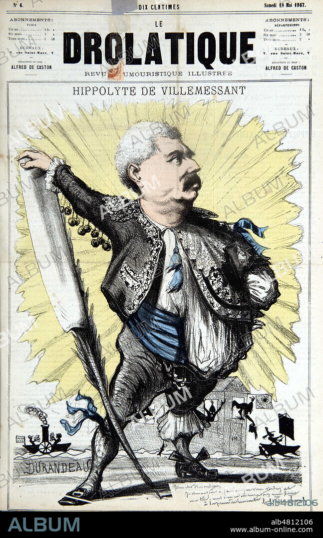 Hippolyte de VILLEMESSANT (1810-1879) en figaro. Caricature de Emile DURANDEAU (1830-1889) pour la revue satirique Le Drolatique du 18 mai 1867. Credit : Collection Kharbine-Tapabor.