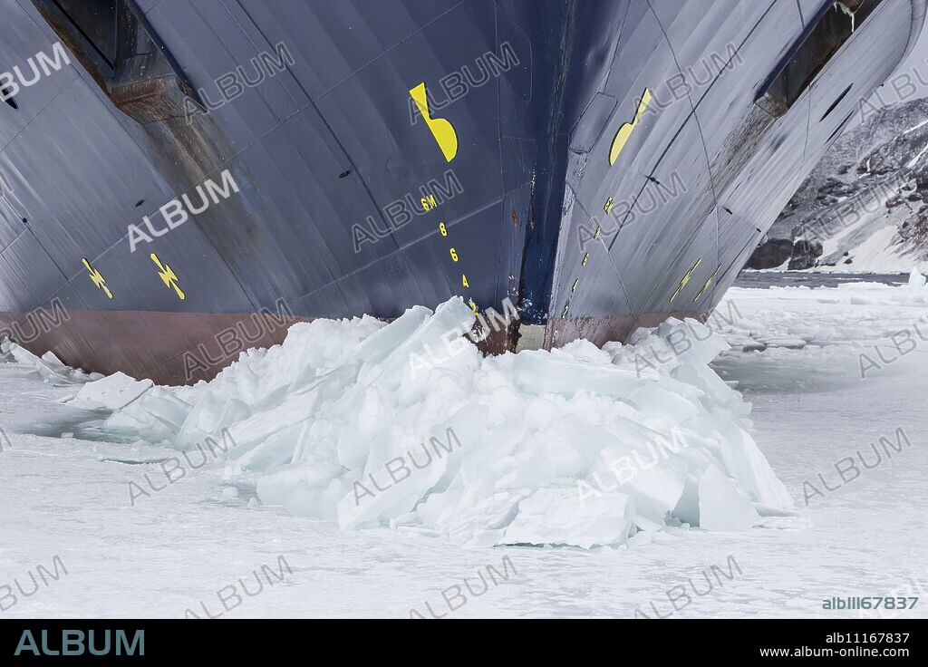 The Lindblad Expeditions ship National Geographic Explorer wedged into fast ice, Duse Bay, Weddell Sea, Antarctica, Polar Regions.