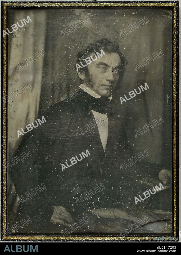Hermann Biow, C. Fuchs, member of the National Assembly in Frankfurt a. M, daguerreotype, picture size : height: 20.80 cm; width: 15.20 cm, o. in the middle in blue ink: deputy C. Fuchs, member d. National Assembly, Frankfurt a. M. 1848/49, H. Biow Hamburg, label: verso: upper left with blue ballpoint pen: person, photographer, dating; upper right in black ink: D.S.74, supplemented with customs stamp; lower left: portrait photography, half-length portrait, man, seated figure, politician.