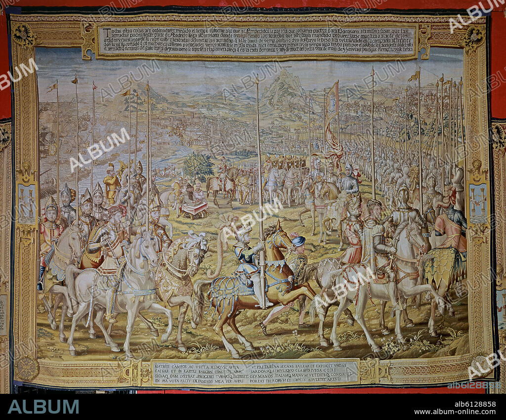 ANONYMOUS. GUERRA DE TUNEZ - CARLOS V PASANDO REVISTA A TROPAS EN BARCELONA DURANTE SU ESTANCIA EN LA CIUDAD EN 1535 - TAPIZ TEJIDO EN 1740.
