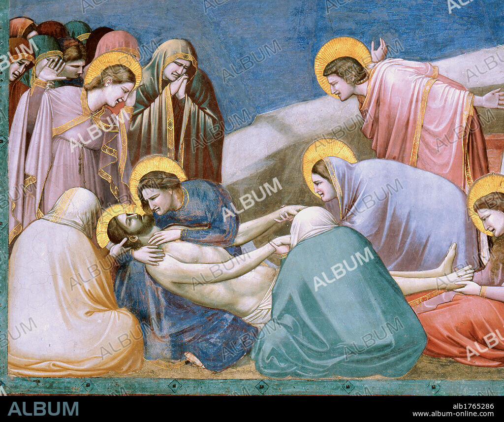 Stories of the Passion The Mourning over the Dead Christ, by Giotto, 1303-1305 about, 14th Century, fresco, cm 200 x 185. Italy, Veneto, Padua, Scrovegni Chapel. Detail. St John the Baptist, the Virgin Mary, the pious women and other characters figures mourn over The Dead Christ.