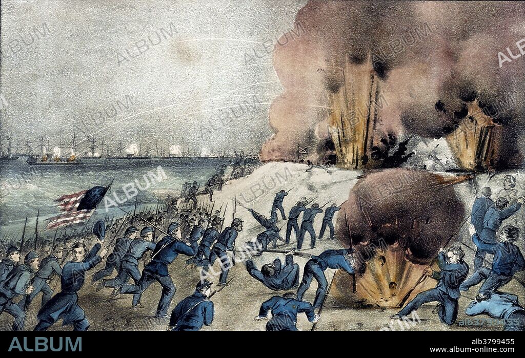 The Second Battle of Fort Fisher was an assault by the Union Army, Navy and Marine Corps against Fort Fisher, outside Wilmington, North Carolina, near the end of the American Civil War, January 13-15, 1865. Sometimes referred to as the "Gibraltar of the South" and the last major coastal stronghold of the Confederacy, Fort Fisher had tremendous strategic value during the war, providing a port for blockade runners supplying the Army of Northern Virginia. Lithograph published by Currier & Ives, circa 1865-72.