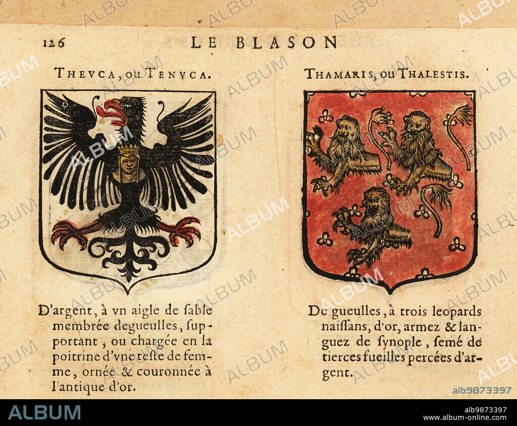 Coats of arms of Nine Worthy Ladies, Teuta, Queen of the Ardiaei, with black eagle with womans head on breast, and Tomyris, Queen of the Massagetae, with three gold nascent leopards. THEUCA ou TENUCA, THAMARIS ou THALESTIS. Handcoloured woodblock engraving from Hierosme de Baras Le Blason des Armoiries, Chez Rolet Boutonne, Paris, 1628.