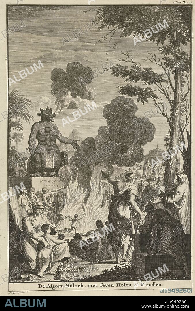 Biblical representation from the Old Testament Israelites have gathered around the statue of the idol Moloch to sacrifice children Inside the statue, fire is blazing so that the human sacrifices can be burned Print top right marked: 2 Part, Page 22, Human sacrifices to the idol Moloch The idol Moloch, with seven Holes or Chapels , print maker: Jan Lamsvelt, (mentioned on object), P. Goeree, (mentioned on object), 1684 - 1743, paper, engraving, h 284 mm × w 186 mm.