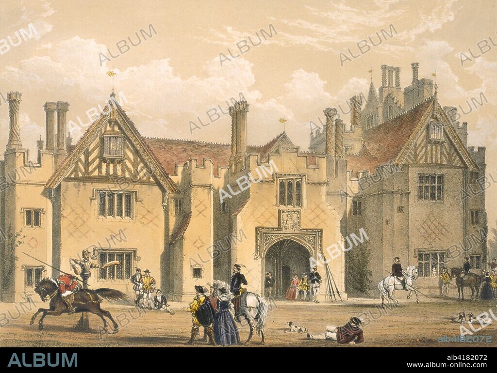 Joust practice, Compton Wynyates, Warwick, mid 1600s, from 'Architecture of the Middle Ages', published 1838 (colour lithograph). Compton Wynyates was built c.1481.
