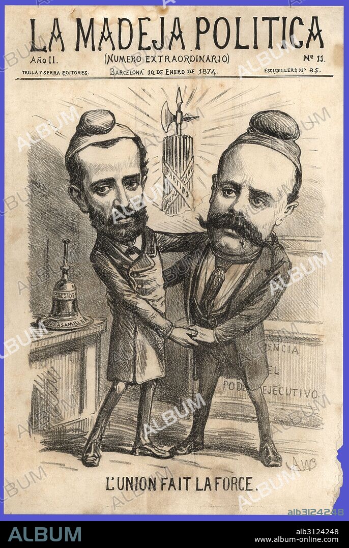 Revista "La Madeja Política", nº 11 (número extraordinario), editado en Barcelona, 10 enero 1874. Caricatura de Nicolás Salmerón, presidente del Congreso y de Emilio Castelar, presidente del gobierno de la primera república española.