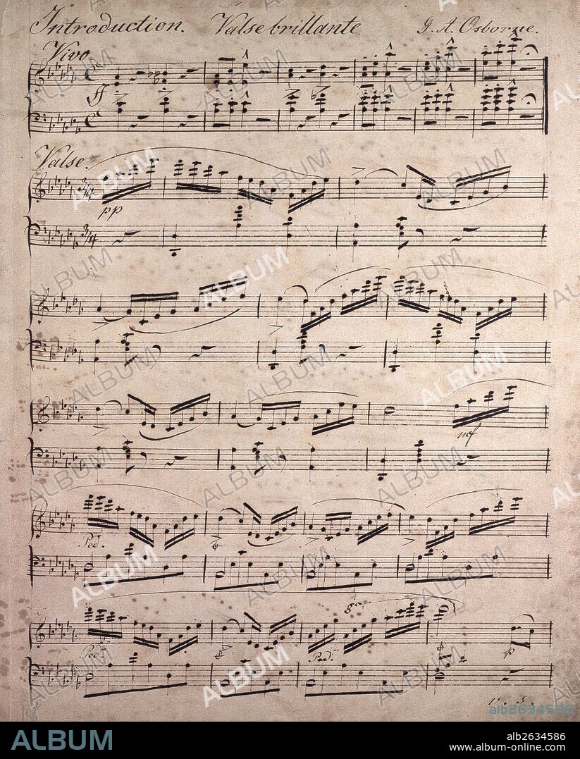 Handwritten sheet music, music notes, 19th century, valse brillante, George Alexander Osborne, 1806 - 1893, was an Irish composer and pianist, born in Limerick. He left Ireland at the age of nineteen, thereafter dividing his time between England and France. While in Paris, he studied under Johann Peter Pixis, François-Joseph Fétis and Friedrich Kalkbrenner. In 1843, Osborne settled permanently in London, where he held directorships of the Philharmonic Society and the Royal Academy of Music.