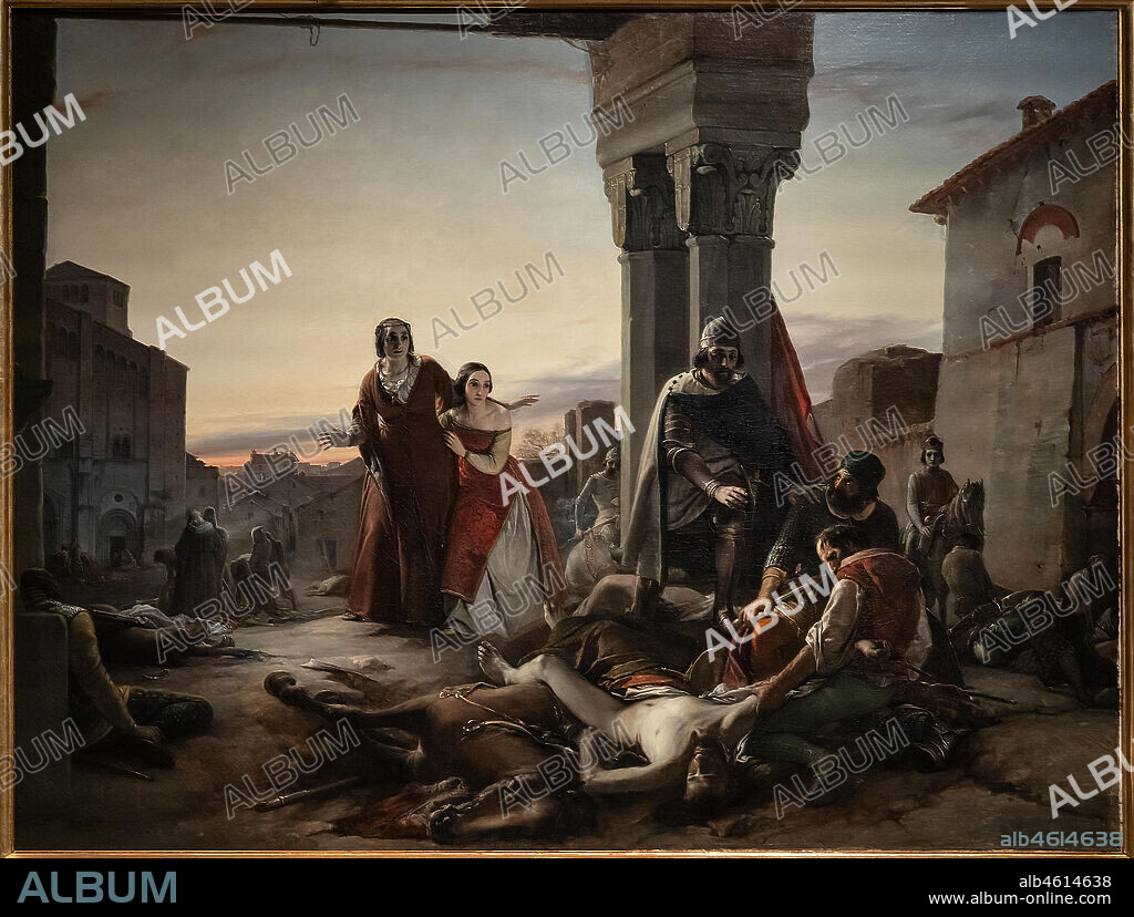 Pasuqale Massaccra: "Ricciardino Langosco's mother searching the corpse of her son killed during the conquest of Pavia at the hands of Matteo Visconti in 1315", oil painting on canvas, 1846.