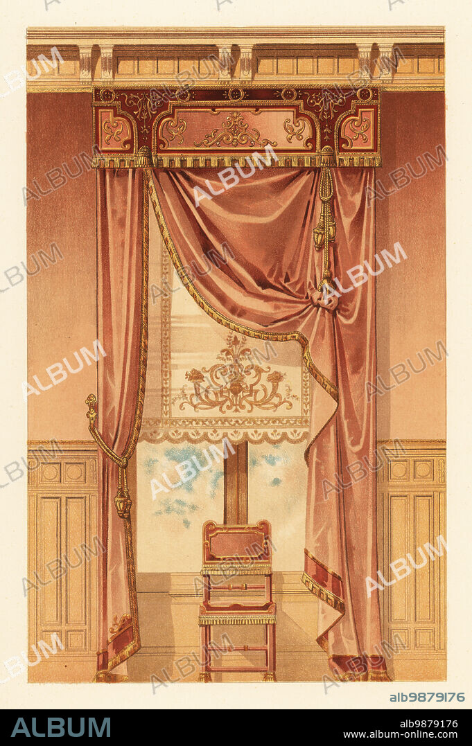 Renaissance-style wall hanging, circa 1900. Satin lambrequin, velvet curtains, satin drapes, in front of a window. Planche 9. Croisee Genre Renaissance. Lambrequin satin, contre-fond de velours, avec application de satin cerne dor et dargent. Grand et petit rideaux de satin, contre-fond de velours, avec application de galons meme genre. Tenture murale cannetillee, store taffetas brode. Chromolithograph by Henry Sicard et A. Farradesche after an illustration by Ernest Foussier from his Nouveaux Modèles de Tentures, Decorations de Fenêtres, New Models of Wall Hangings, Window Decorations, E. Thezard Fils, Librairie Speciale dArchitecture, Dourdan, France, 1900. Foussier (1859-1917) was a French architect and interior decorator who worked in Paris.