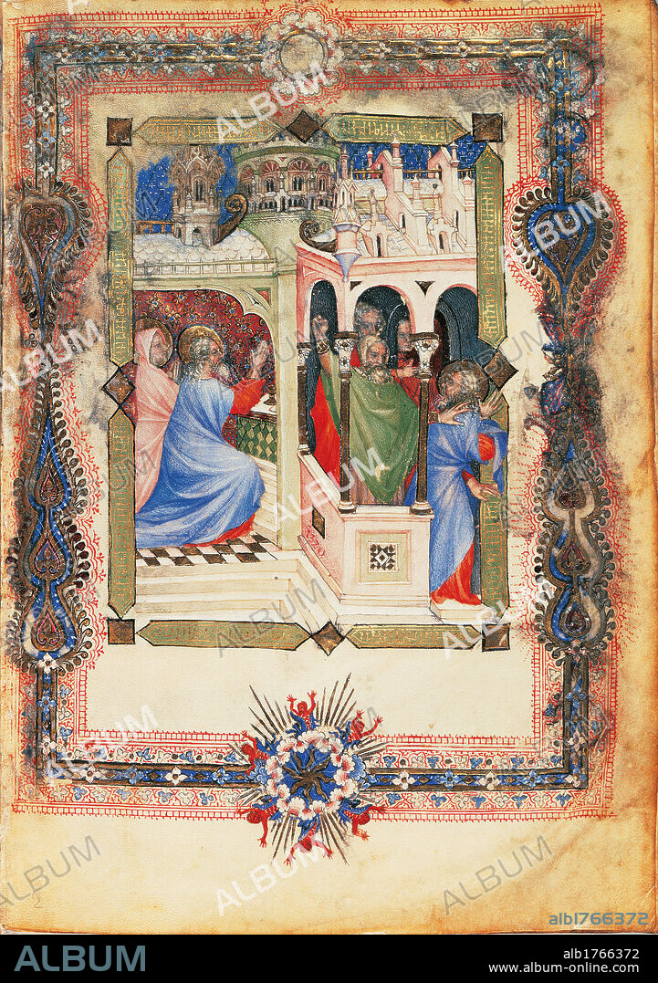 From the Offiziolo of Gian Galeazzo Visconti Rejection of Joachims Sacrifice, by Giovannino de Grassi, 14th Century,. Italy, Tuscany, Florence, Central National Library. Detail miniature. St Joachim Is Driven Away from the Temple. Phytomorphic motifs temple prayer St Joachim St Anne tunics mantles cloaks offerings expulsion driving away scribe Ruben columns roof covering blue green red white. Authorization required for non editorial use.