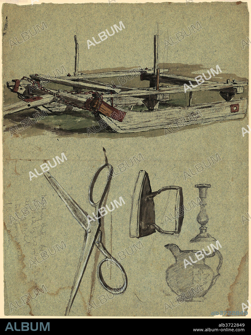 JR. ENOCH WOOD PERRY. Studies of a Sled and Various Household Objects. Dated: c. 1870-1890. Dimensions: sheet: 32.07 × 25.24 cm (12 5/8 × 9 15/16 in.). Medium: graphite, pen and black ink, watercolor, and gouache on blue-gray wove paper.