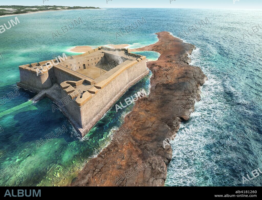 Reconstrucción ideal de Fortaleza de los Tres Reyes Magos en Natal, Brasil o "Castillo de Morro", una tipología de fortificación perfectamente adaptada al terreno para la vigilancia costera que formaba parte de un sistema global de fortificaciones erigido por Felipe II en América, siguiendo El modelo probado y desarrollado en el mar Mediterráneo.