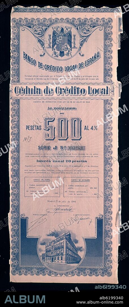 CEDULA BANCO CREDITO LOCAL   MADRID 21/JUL/1944.