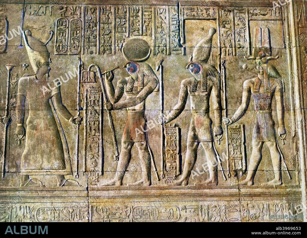 Hieroglyphs, Temple of Kom-Ombo, Luxor, Egypt, 20th Century. Kom Ombo is actually two temples consisting of a Temple to Sobek and a Temple of Haroeris. It was begun by Ptolemy VI Philometer (c191-145 BC) and was added to by his successors, notably Ptolemy XIII (c62-47 BC).