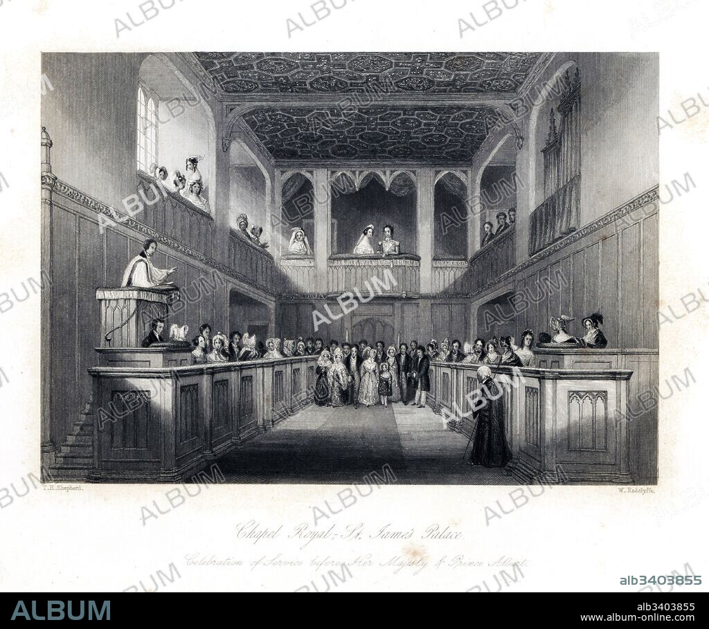 Queen Victoria and Prince Albert at a service in the Chapel Royal, St. James' Palace. Steel engraving by W. Radclyffe after an illustration by Thomas Hosmer Shepherd from London Interiors, Their Costumes and Ceremonies, Joshua Mead, London, 1841.
