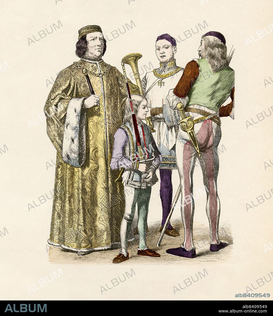 Italian Podesta - Chief Magistrate, Sexton, Soldier, Italy, 15th Century, Illustration, The History of Costume, Braun & Schneider, Munich, Germany, 1861-1880.