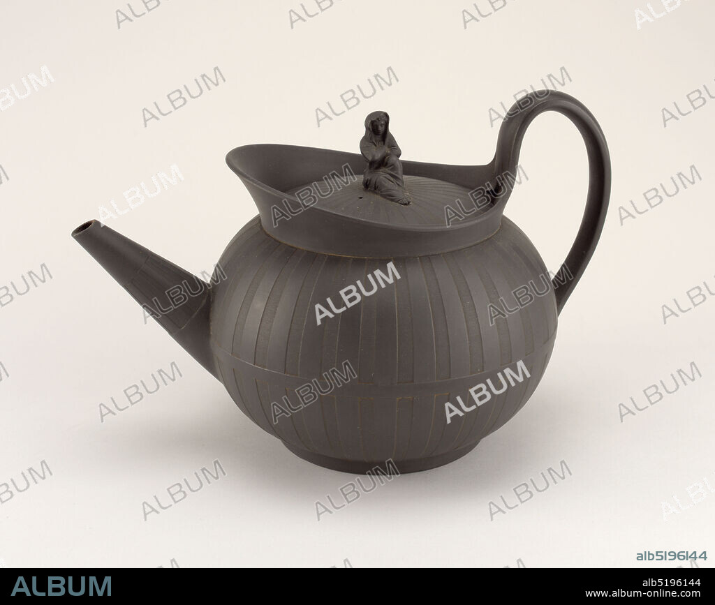 Black Basalt Teapot with Sybil Finial, Wedgwood, English, established 1759, stoneware, Of squat globular form with tapering cylindrical spout, loop handle joined to upturned and everted lip around circular mouth; body decorated with vertical stripes and one narrow horizontal band; circular lid decorated with radiating strips; finial in form of sitting, robed female figure., England, 18th century, ceramics, Decorative Arts, teapot, teapot.