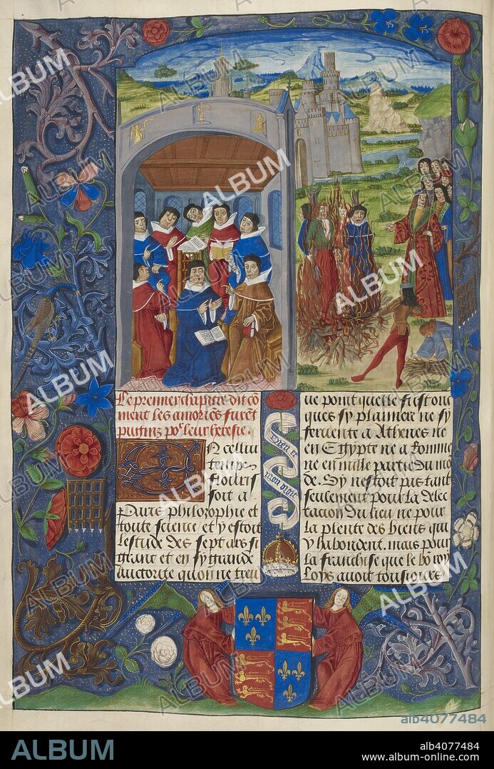 Two scenes: (a) Activity of Paris University;-(b) King Philip II of France presides at the burning of the heretical followers of Amaury of Chartres. Full border of flowers. &c., on blue ground; arms supported by red-robed angels.  In 1209 ten of his followers were burnt before the gates of Paris, and Amalric's own body was exhumed and burnt and the ashes given to the winds. Amaury de Chartres or Amaury de Bene or Amalric of Bena, was a philosopher and theologian of the French twelfth century. Chroniques de France ou de Saint Denis (from 1108 to 1270). France, N. (Calais?), 1487. Source: Royal 20 E. III f.177v.