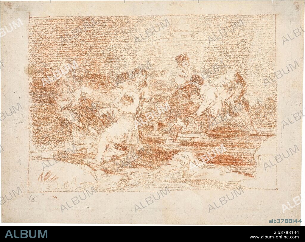 Francisco de Goya y Lucientes / 'Heridos evacuados del campo de batalla'. 1810 - 1814. Sanguina, Lápiz compuesto sobre papel verjurado, ahuesado, 176 x 236 mm.