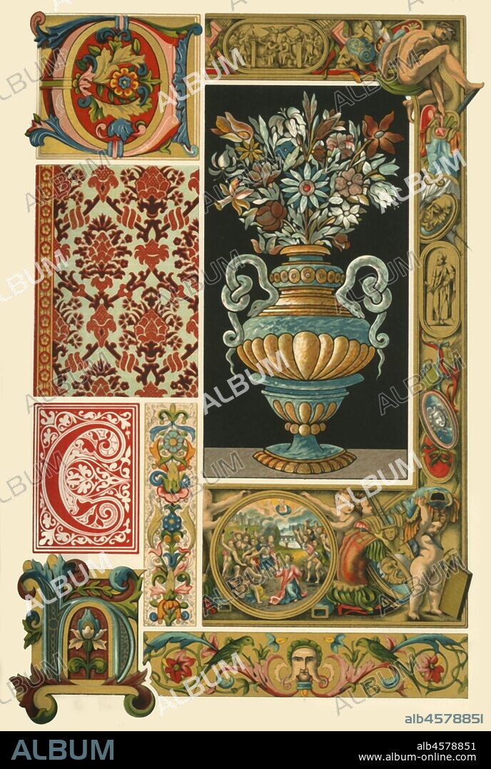 Italian Renaissance illumination, weaving, and marble-mosaic, (1898). 'Figs 1-6: Paintings from divers manuscripts. Fig 7: Velvet-stuff in the 'Museum vaterländischer Altertümer' at Stuttgart. Fig 8: Border from a silk-stuff. Fig 9: Marble-mosaic from a table in the National Museum at Munich'. Plate 54 from "The Historic Styles of Ornament" translated from the German of H. Dolmetsch. [B.T. Batford, London, 1898].