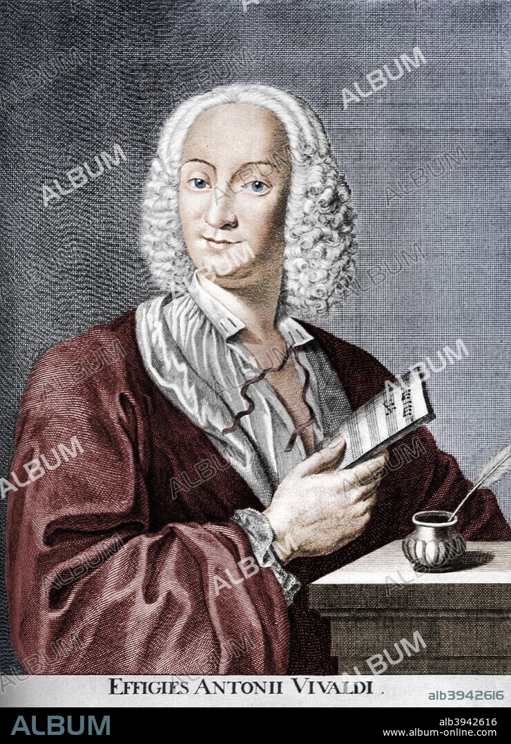 Antonio Vivaldi, Italian Baroque composer, Catholic priest, and virtuoso violinist, 1725. A print from Les Musiciens Celebres, Lucien Mazenod, Paris, 1948. (Colorised black and white print).