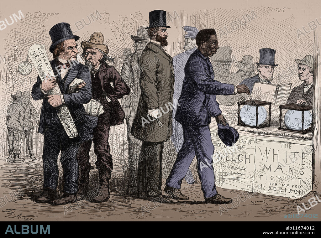 Illustration showing several men at a polling place where a black man places his ballot in the box for "Re[publ]ican Mayor Welch" which is next to the empty ballot box for "The White Mans Ticket for Mayor H. Addison." President Andrew Johnson is standing on the left, holding his "Suffrage Veto"; additional "Veto[s]" are stuffed into his coat pocket.