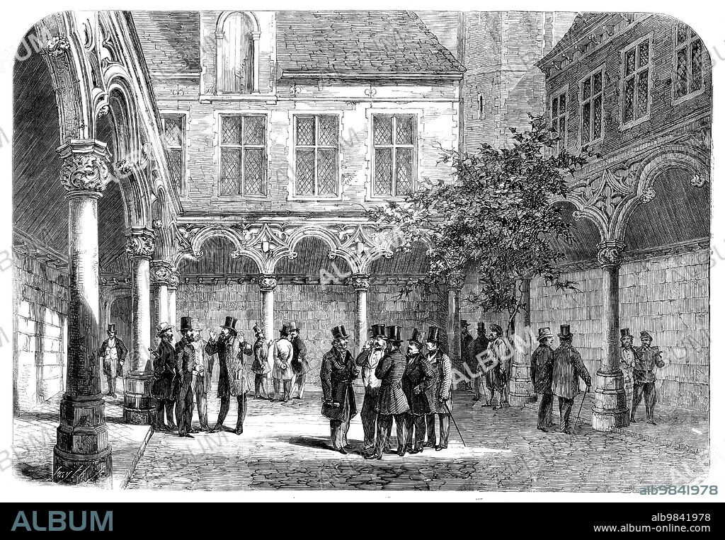 SMYTH. The Bourse at Antwerp, recently destroyed by fire, 1858. View '...of the interior of this venerable building...The Bourse stood in the very centre of Antwerp. It was built at the dawn of the Reformation, in 1531, and in it for a considerable time a large portion of the trade of the world was carried on...So late as 1853 the burghers of Antwerp, in emulation of the Crystal Palace, had spread a glass roof over the central space, and the crash of the ironwork and glass was a main feature in the catastrophe. The fire appears to have arisen in an upper room, on the side of the Courte Rue des Claires. It was there, at least, that the flames were first seen, and in half an hour the place was enveloped in fire. The Bourse contained the Chamber of Commerce, the Tribunal, and the Record Office, the Syndical Chamber of the Stockbrokers, the Syndical Chamber of the Antwerp Brokers, and the Telegraph Bureaux. Nothing, absolutely nothing, was saved. All the archives of these various bodies are lost'. From "Illustrated London News", 1858.