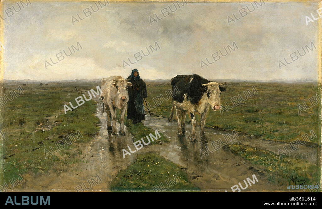 Changing Pasture. Artist: Anton Mauve (Dutch, Zaandam 1838-1888 Arnhem). Dimensions: 24 x 39 5/8 in. (61 x 100.6 cm). Date: ca. 1880s.
In the second half of the nineteenth century, The Hague became the center of a major school of landscape painting. Its principal members were the Maris brothers, Josef Israels, H. W. Mesdag, and Mauve, who settled in The Hague in 1874. Inspired by J. F. Millet and other members of the Barbizon School, whose work could be seen in the Goupil Gallery in The Hague and in Mesdag's personal collection, they shared a commitment to record the peasant life, gray skies, and flat terrain of their native country. <i>Changing Pasture</i> reflects these interests and is a characteristic work of the last decade of Mauve's life.