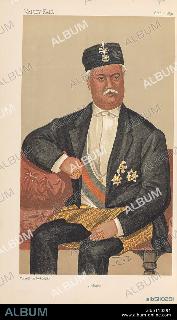 Vanity Fair: Royalty; 'Johore', H.H. Tunkoo Abubeker Bin Ibrahim, Sultan of Johore, October 17, 1891, unknown artist, nineteenth century, after unknown artist, ( Braddell ? ), 1891, Chromolithograph.